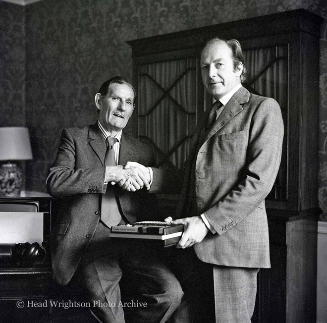05/10/1977 A studio recorder is presented to Bill Hutchinson (left) by John Eccles on Bills retirement.
