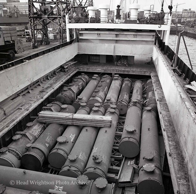 Loading heat exchangers on ship, bound for Corpus Christie