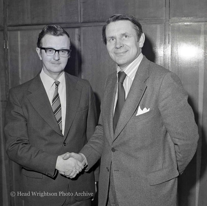 1978. New Chairman of the Head Wrightson Employees' Council, Douglas Harrison and the outgoing Chairman Joe Doran.
