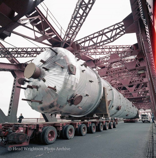 Ethanol columns on long trailer crossing Newport Bridge