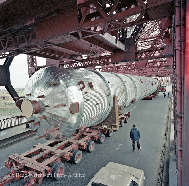 Ethanol columns on long trailer crossing Newport Bridge