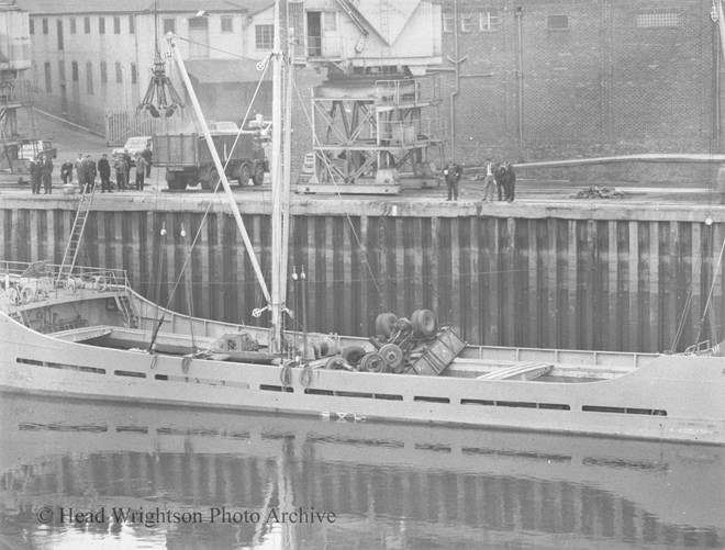 Lorry on boat after falling off quay opposite R&D 