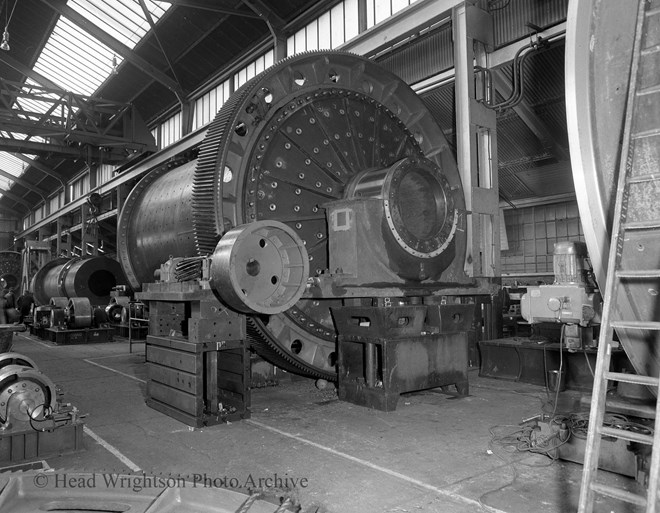 Various fabrications at Stockton forge. Ball mill being assembled.