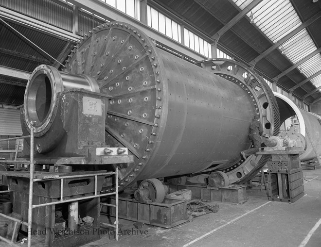 Various fabrications at Stockton forge. Ball mill being assembled.
