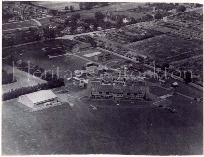 Aerial view of Thornaby Airfield with Thornaby Road in the background circa 1935