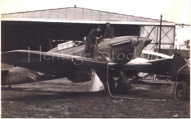 Pre-war Hawker Hurricane being refuelled by Tug Wilson at Thornaby.