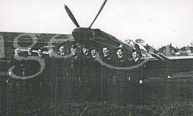 608 Squadron pilots with C/O S/L William Appleby-Brown in the centre, in front of Spitfire FMK 22