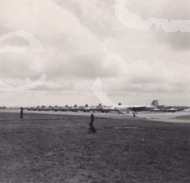 608 Squadron Vampires in background behind Canberras at Tangmere 1953