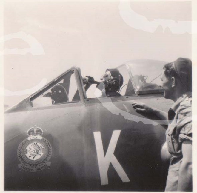 Pilot Officer Ken Temple in a Vampire at RAF North Front, Gibraltar 1955