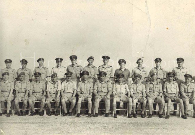 608 Squadron at RAF North Front, Gibraltar 1955/56 - front row L- R  - f/o Varty, fo/o Steedman, flt/ lt Lord, f/o Bates, flt/lt Groves, flt/lt Watts, Sqd. ldr Costain, flt/lt Goodrum, flt/lt Edwards, off.cdt Griffiths, f/o Swainson, flt/lt Meadley. Back row L-R- f/o Cook, f/o Hancock, f/o Joyce, flt/lt Oliver, f/o Wolstenholme, flt/lt Marshall, Sqd./ldr Cooper, f/o Goodwill, off/cdt Temple, f/o Mackenzie, f/o Graham.