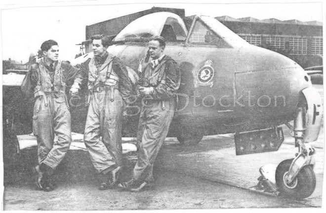 The pilots in the photo are from left to right F/o Hancock, F/o Mckenzie, F/o Joyce and taken prior to leaving for Gibraltar in 1956. 
Courtesy of Grant Goodwill.