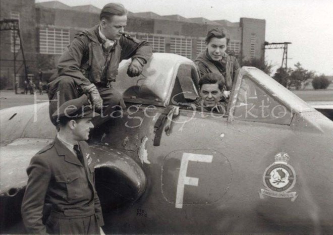 CO George Martin with George Joyce on the wing, Neil Hancock in the cockpit, and Mackenzie on the other wing of a Vampire V at Thornaby circa 1954/1955